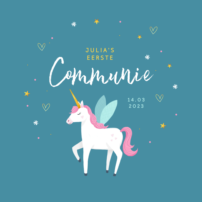 Communiekaarten - Communie uitnodiging eenhoorn unicorn goud blauw