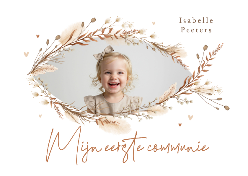 Communiekaarten - Communie uitnodiging foto ichthus bohemian gedroogde takjes