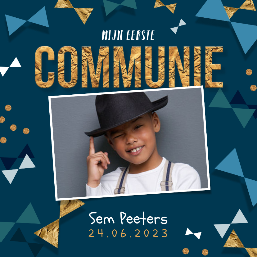 Communie uitnodiging jongen confetti strikjes goud - Communiekaarten Communiekaarten - Communie uitnodiging jongen confetti strikjes goud