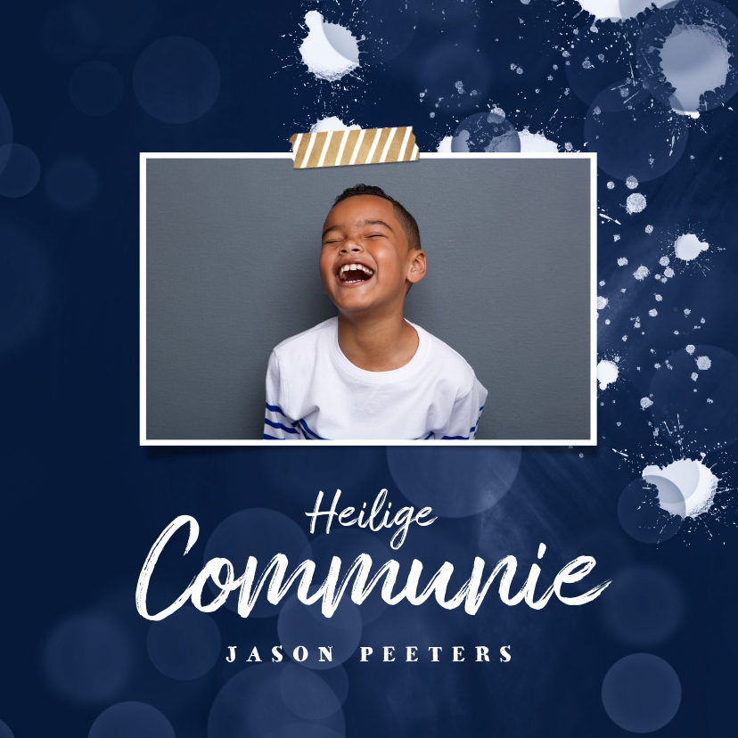Communie uitnodiging jongen spetters foto stijlvol blauw - Communiekaarten Communiekaarten - Communie uitnodiging jongen spetters foto stijlvol blauw
