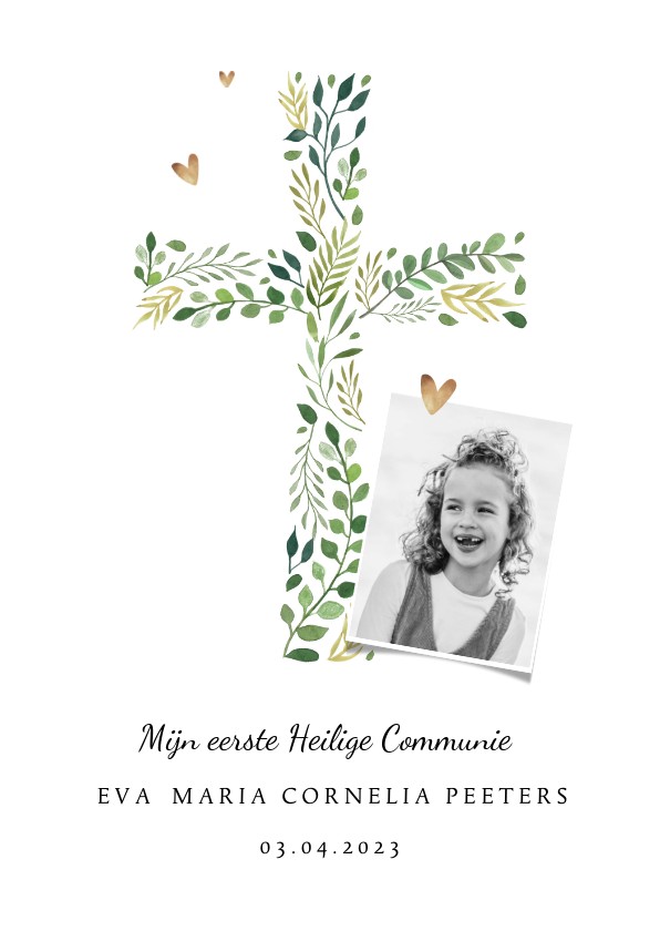 Communie uitnodiging klassiek kruis hartjes foto - Communiekaarten Communiekaarten - Communie uitnodiging klassiek kruis hartjes foto