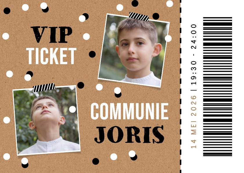 Communiekaarten - Communie uitnodiging kraft VIP ticket foto confetti 