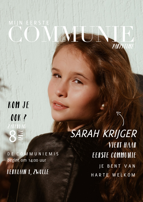 Communiekaarten - Communie uitnodiging magazine kaart met foto en teksten