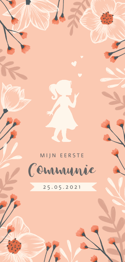 Communiekaarten - Communie uitnodiging met stijlvolle bloemen en silhouet