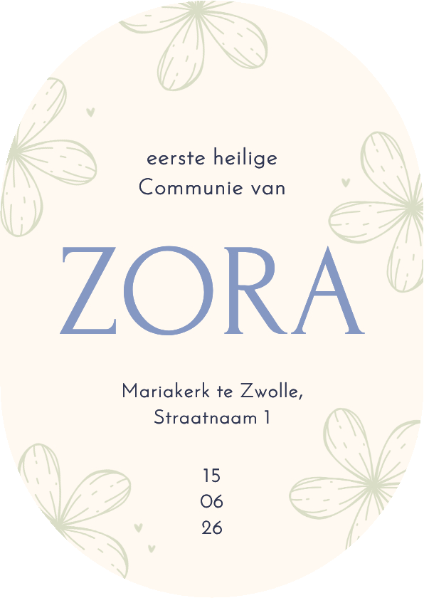 Communiekaarten - Communie uitnodiging ovaal met bloemetjes en hartjes