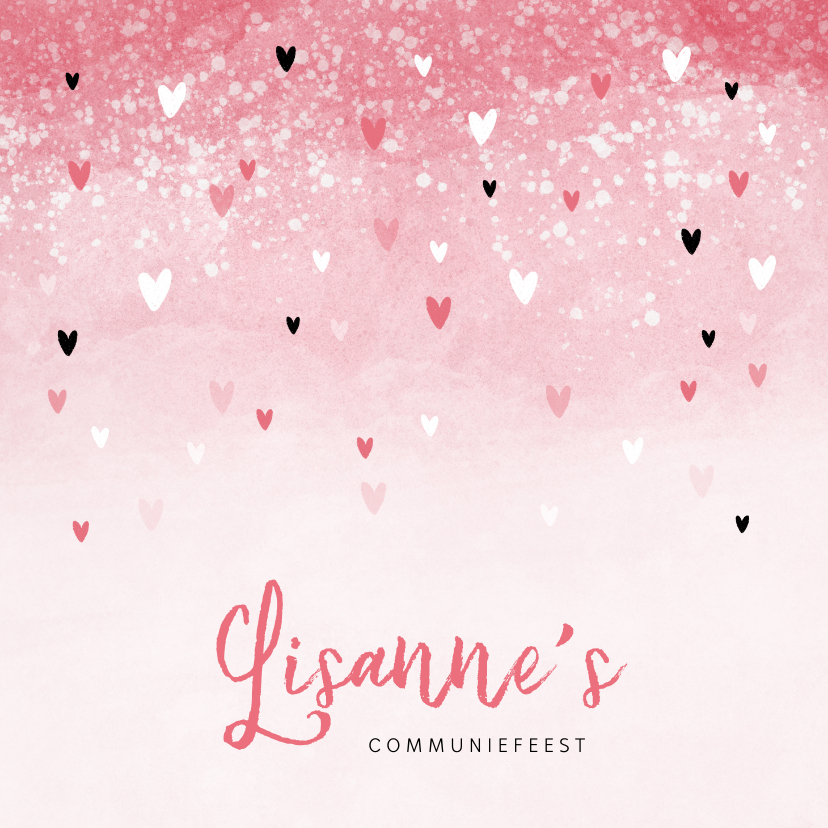 Communiekaarten - Communie uitnodiging roze zwarte hartjes meisje