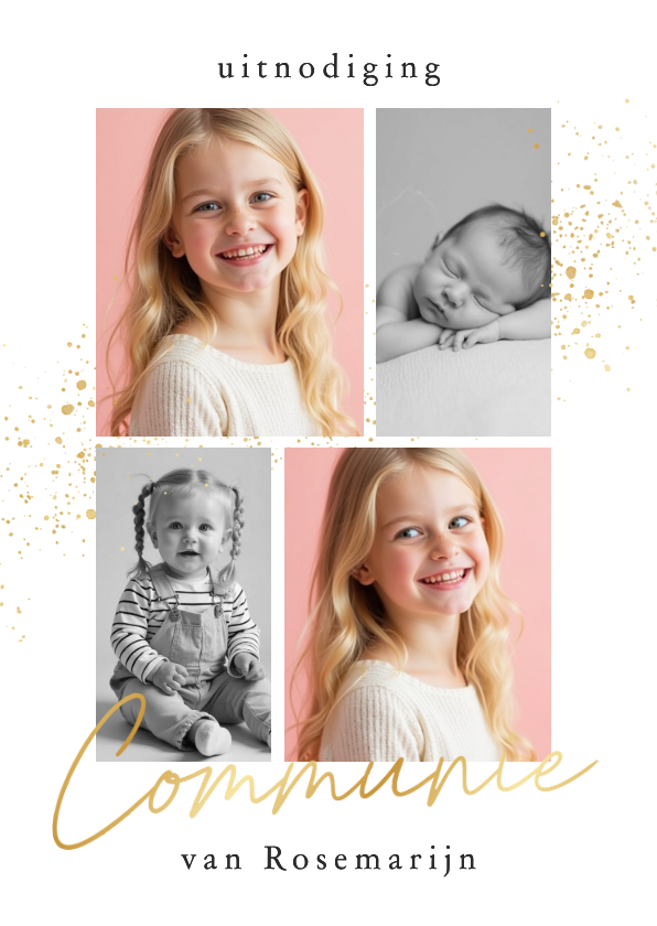 Communiekaarten - Communie uitnodiging wit met gouden spetters fotocollage