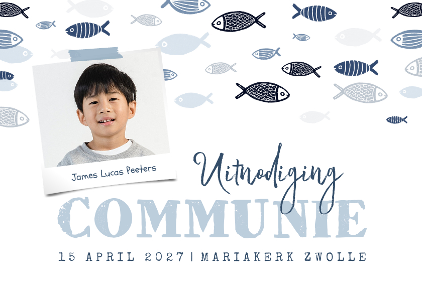 Communiekaarten - Communie uitnodigingskaart visjes symbolen foto blauw