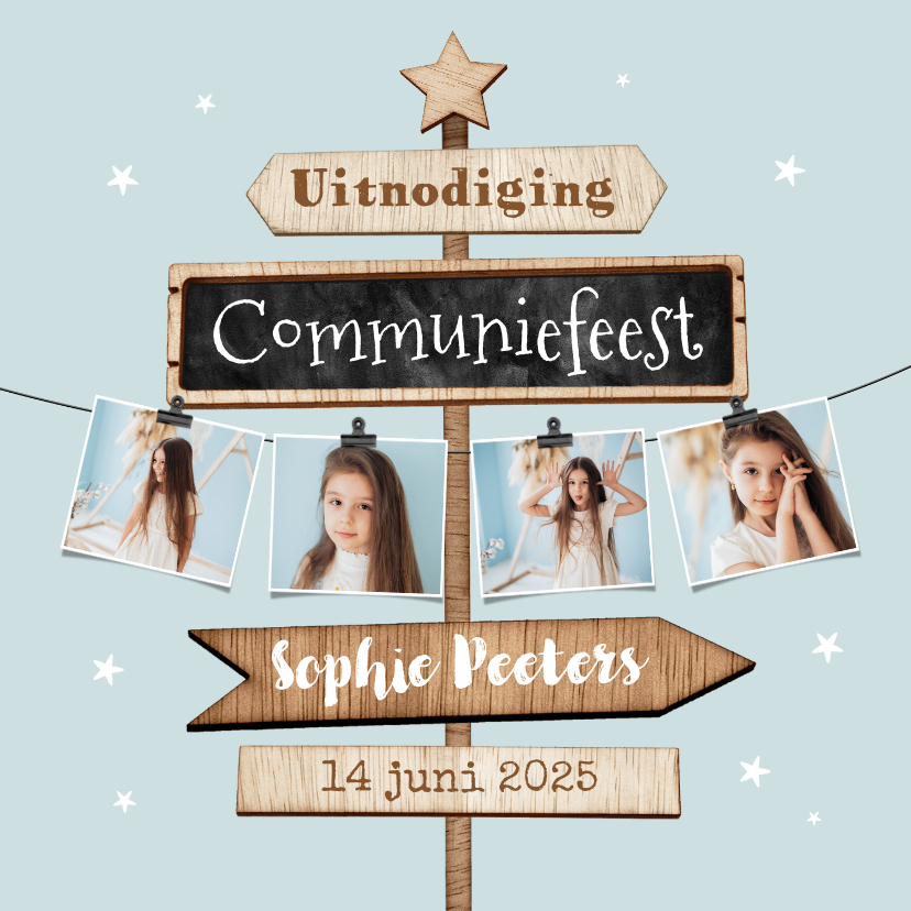 Communiekaarten - Communie wegwijzers uitnodiging sterren hout fotoslinger