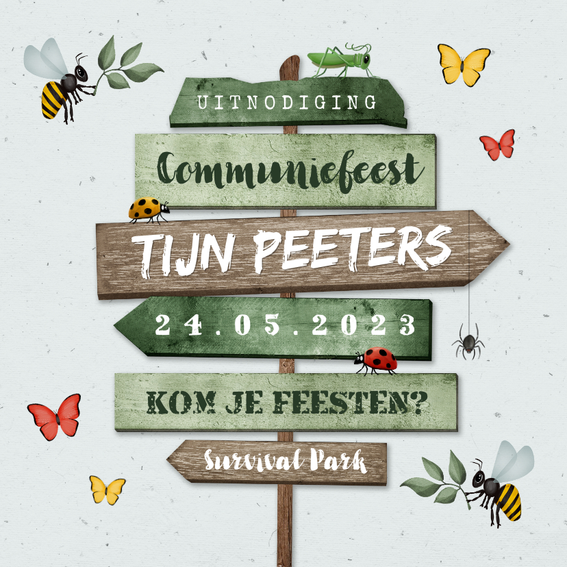 Communiekaarten - Communiefeest uitnodiging wegwijzers tuinfeest insecten