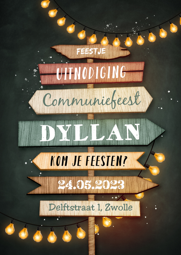 Communiefeest wegwijzers hout lampjes uitnodiging feest - Communiekaarten Communiekaarten - Communiefeest wegwijzers hout lampjes uitnodiging feest