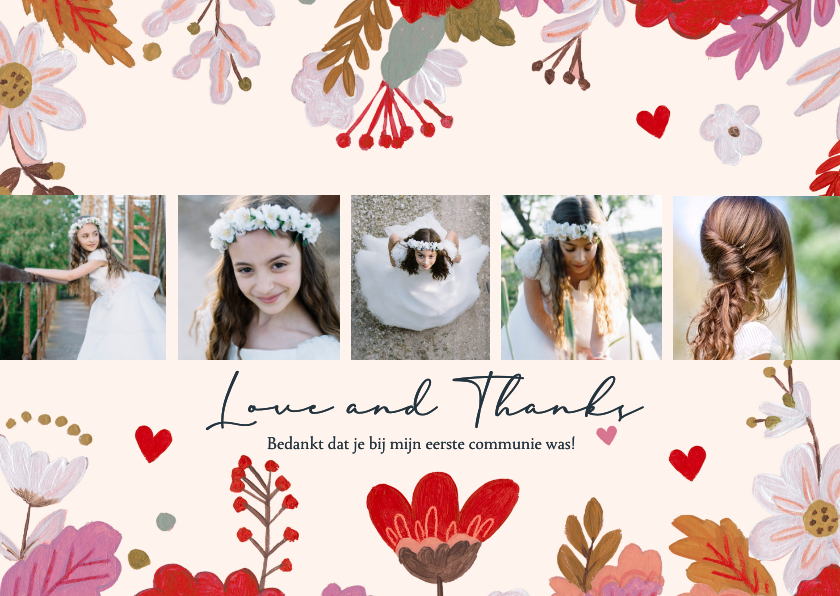 Communiekaarten - Communiekaart bedankkaart met foto en bloemen