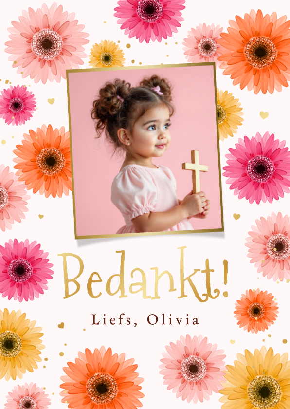 Communiekaarten - Communiekaart bedankt gerbera bloemen kleurrijk goud foto