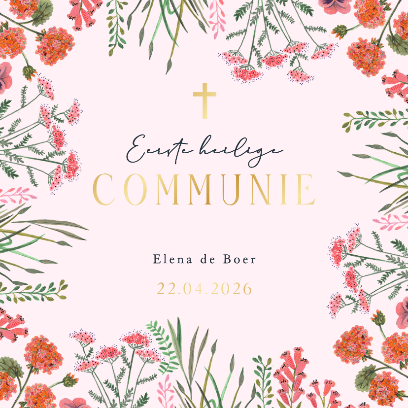 Communiekaarten - Communiekaart bloemenrand met goudlook