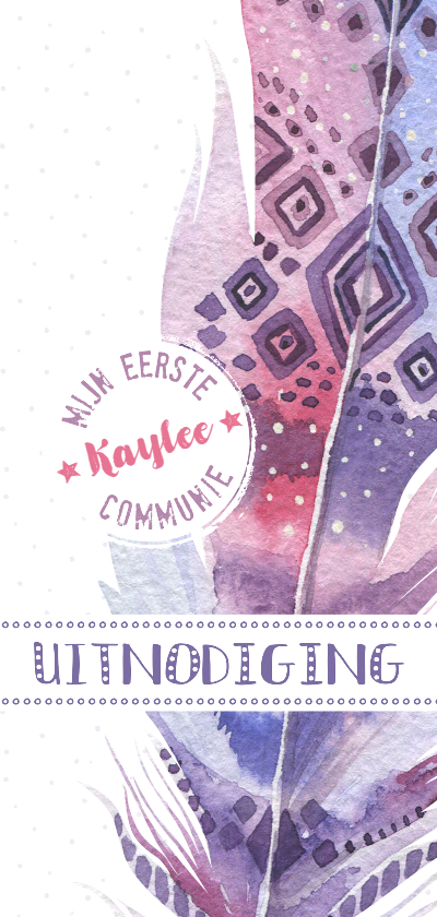 Communiekaart Boho veer paars-roze - Communiekaarten Communiekaarten - Communiekaart Boho veer paars-roze