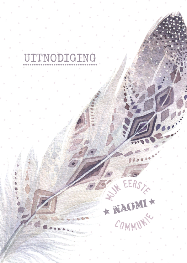 Communiekaart Boho veer taupe-oudroze - Communiekaarten Communiekaarten - Communiekaart Boho veer taupe-oudroze