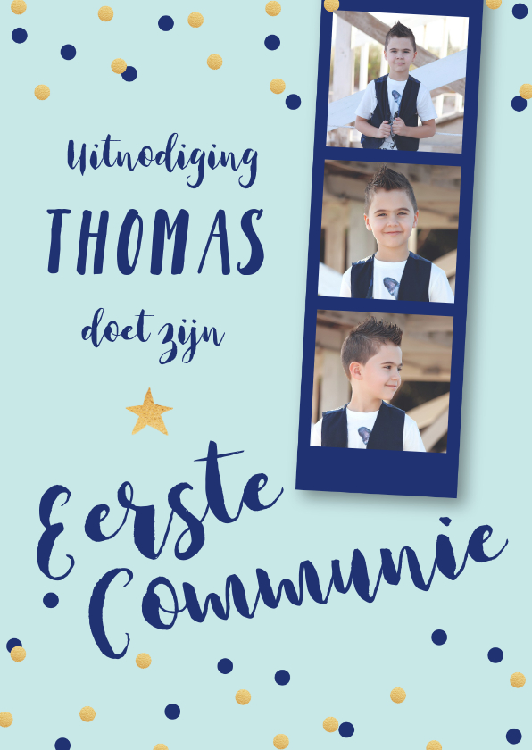 Communiekaart fotostrip blauw - Communiekaarten Communiekaarten - Communiekaart fotostrip blauw