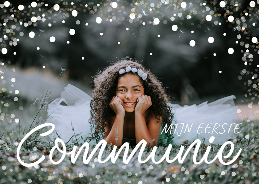 Communiekaart grote foto confetti kader - Communiekaarten Communiekaarten - Communiekaart grote foto confetti kader