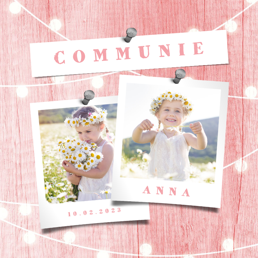 Communiekaart houtlook roze lampjes met foto - Communiekaarten Communiekaarten - Communiekaart houtlook roze lampjes met foto