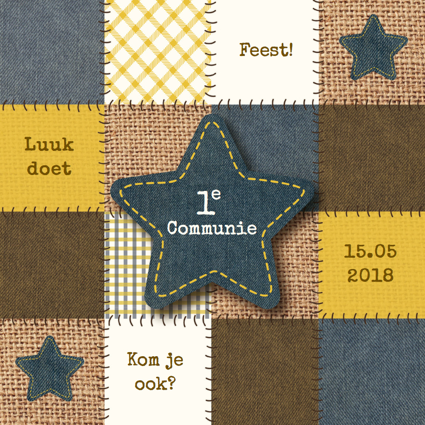 Communiekaart jongen patchwork - Communiekaarten Communiekaarten - Communiekaart jongen patchwork