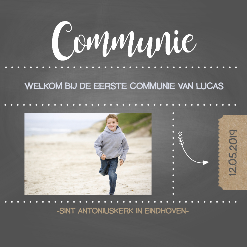 Communiekaart krijt foto jongen - Communiekaarten Communiekaarten - Communiekaart krijt foto jongen