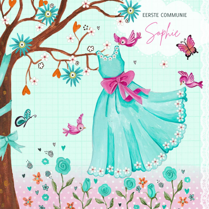 Communiekaart meisje met jurk illustratie - Communiekaarten Communiekaarten - Communiekaart meisje met jurk illustratie