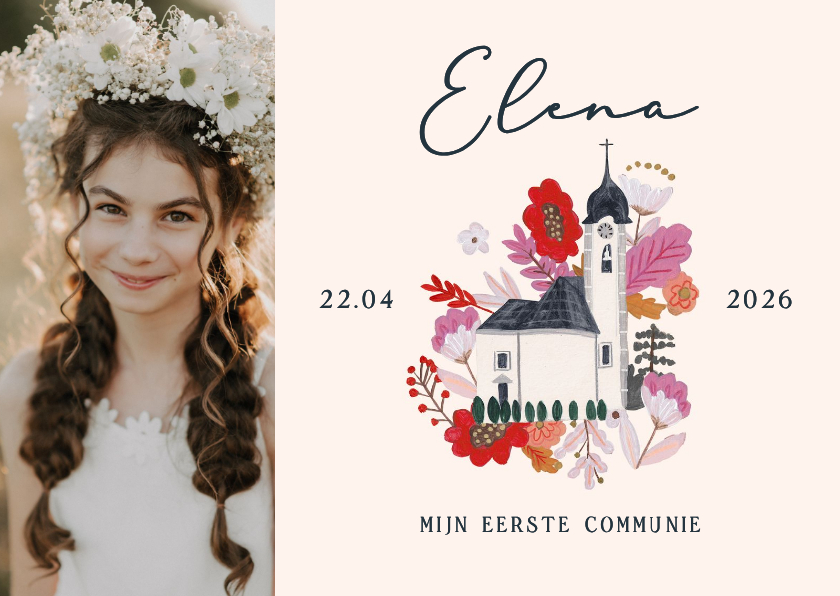 Communiekaart met foto en kerk illustratie - Communiekaarten Communiekaarten - Communiekaart met foto en kerk illustratie