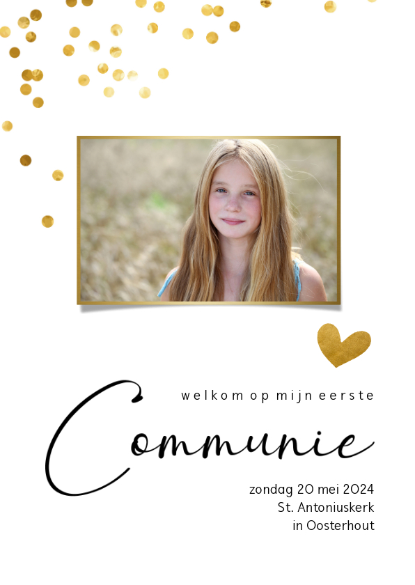Communiekaarten - Communiekaart met gouden confetti stippen en eigen foto