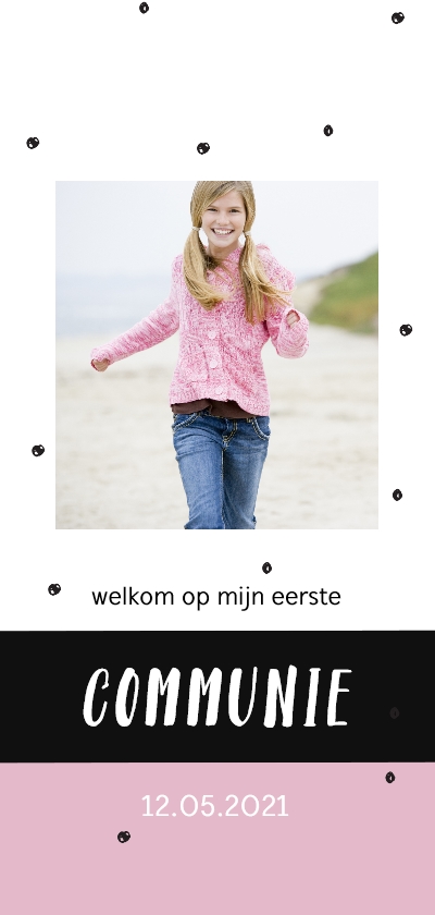 Communiekaart met zwarte confetti en eigen foto - Communiekaarten Communiekaarten - Communiekaart met zwarte confetti en eigen foto