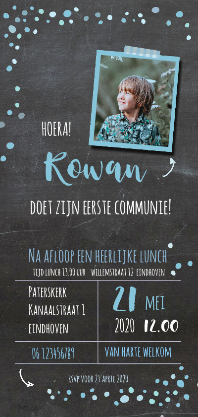 Communiekaart stipjes jongen - Communiekaarten Communiekaarten - Communiekaart stipjes jongen