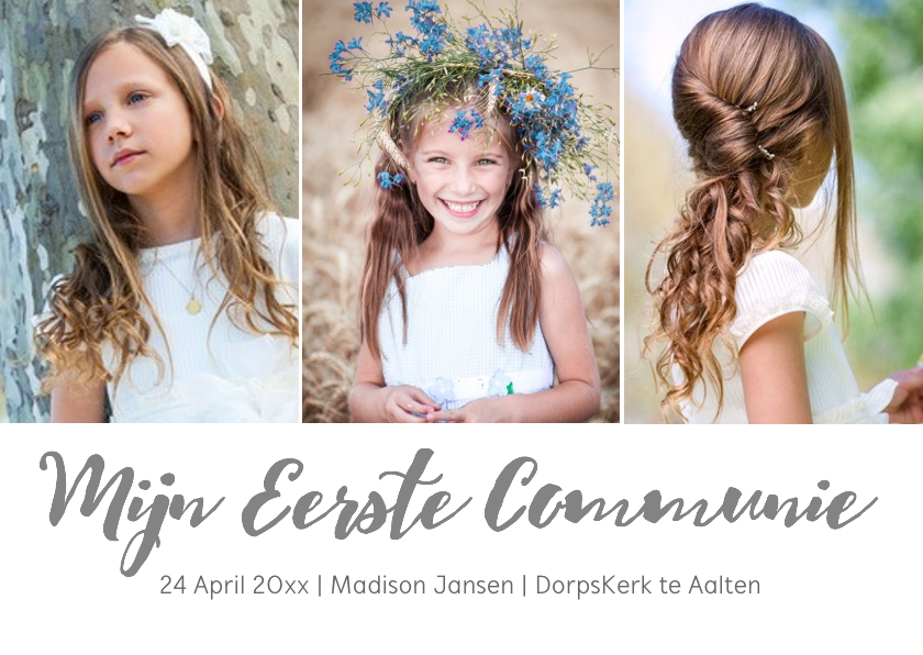 Communiekaart strepen en drie foto's - Communiekaarten Communiekaarten - Communiekaart strepen en drie foto's