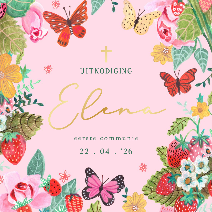 Communiekaart vlinders en bloemen met naam - Communiekaarten Communiekaarten - Communiekaart vlinders en bloemen met naam