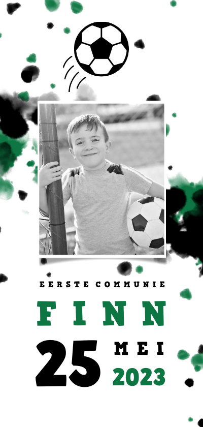 Communiekaart voetbal met foto en spetters - Communiekaarten Communiekaarten - Communiekaart voetbal met foto en spetters