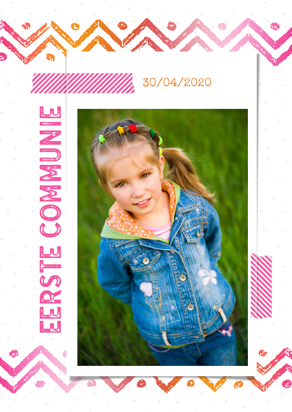 Communiekaart washi tape roze-oranje - Communiekaarten Communiekaarten - Communiekaart washi tape roze-oranje