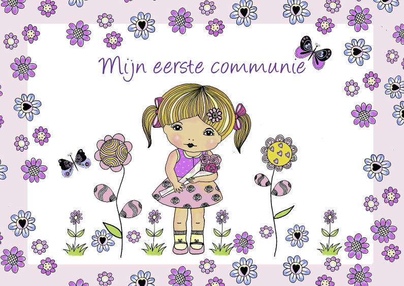 communiekaartje met meisje bloemen - Communiekaarten Communiekaarten - communiekaartje met meisje bloemen