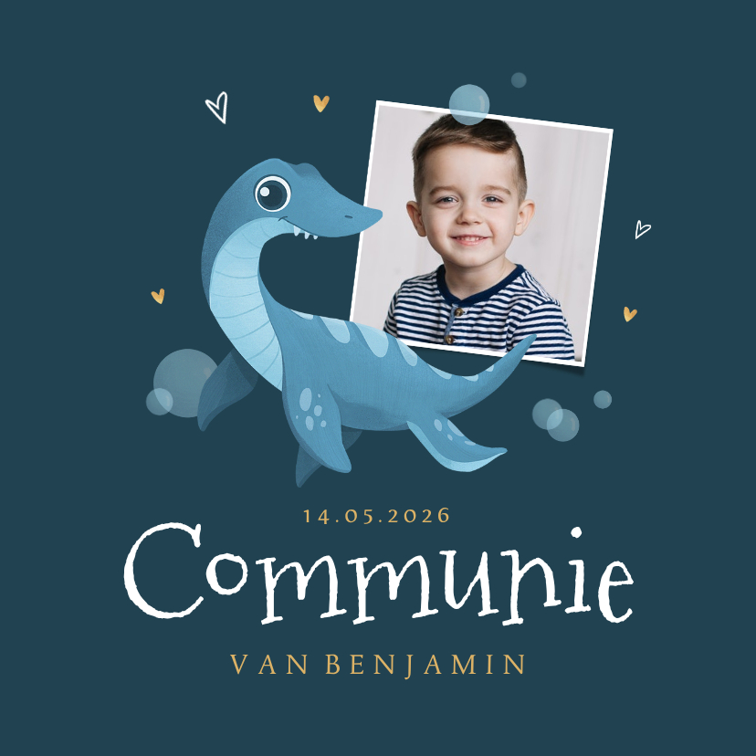 Communiekaarten - Dino communiekaart plesiosaurus water foto bubbels