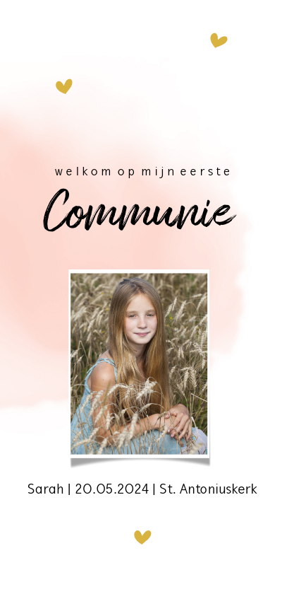 Enkele communiekaart met roze waterverf en hartjes - Communiekaarten Communiekaarten - Enkele communiekaart met roze waterverf en hartjes