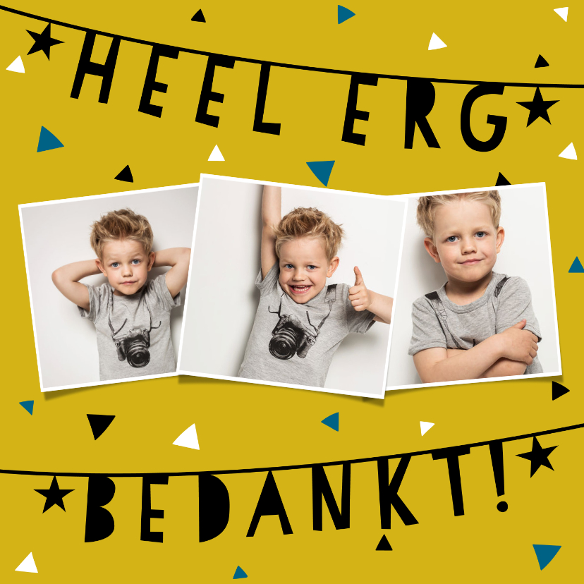 Communiekaarten - Hip eerste communie bedankkaartje met slingers en foto's