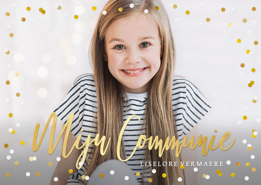 Communiekaarten - Hippe communie uitnodigingskaart met eigen foto en confetti