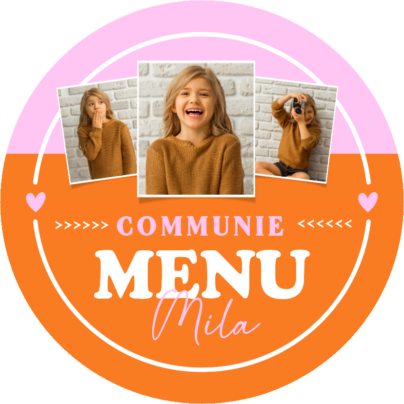 Communiekaarten -  Hippe ronde colorblocking menukaart communie meisje 