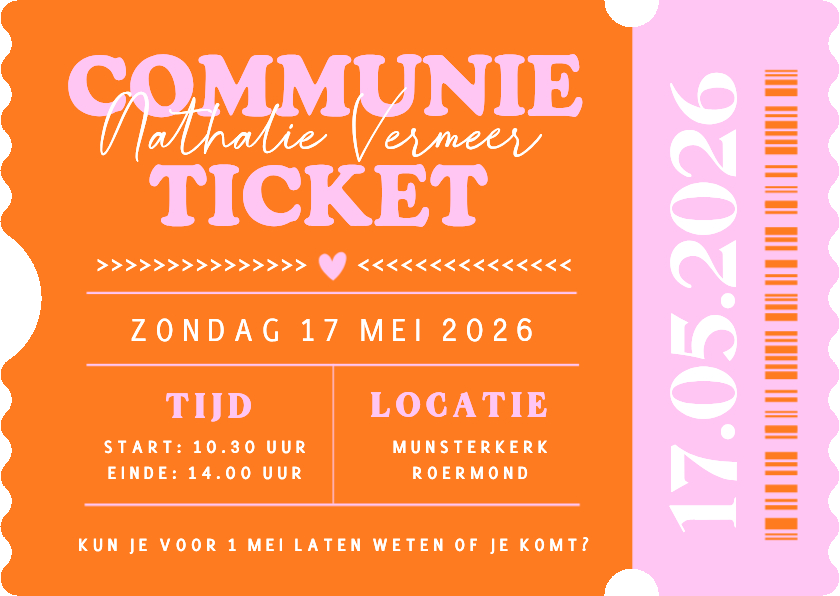 Hippe uitnodiging in ticket vorm - communie meisje - Communiekaarten Communiekaarten - Hippe uitnodiging in ticket vorm - communie meisje