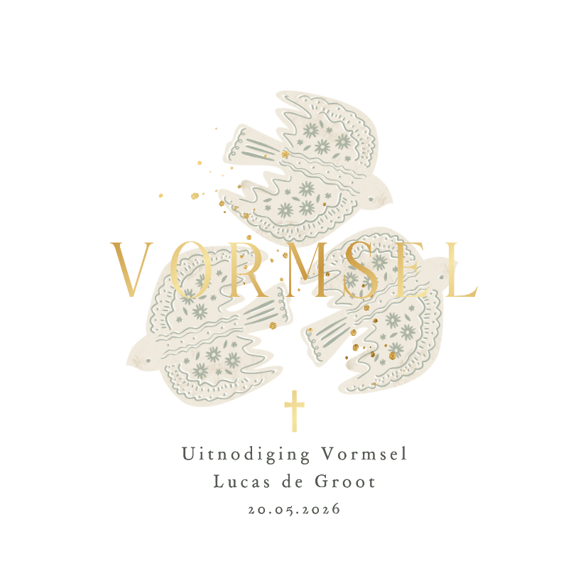 Klassieke uitnodigingskaart vormsel drie duiven goud - Communiekaarten Communiekaarten - Klassieke uitnodigingskaart vormsel drie duiven goud