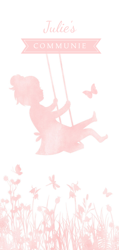 Communiekaarten - Langwerpige communiekaart silhouet meisje op schommel