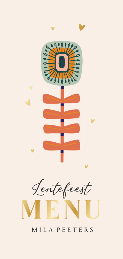 Lentefeest menukaart bloemen hartjes goud retro - Communiekaarten Communiekaarten - Lentefeest menukaart bloemen hartjes goud retro