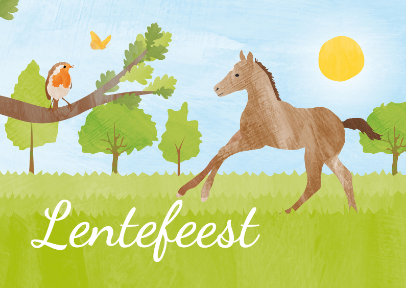Lentefeest met veulen en vogel - Communiekaarten Communiekaarten - Lentefeest met veulen en vogel