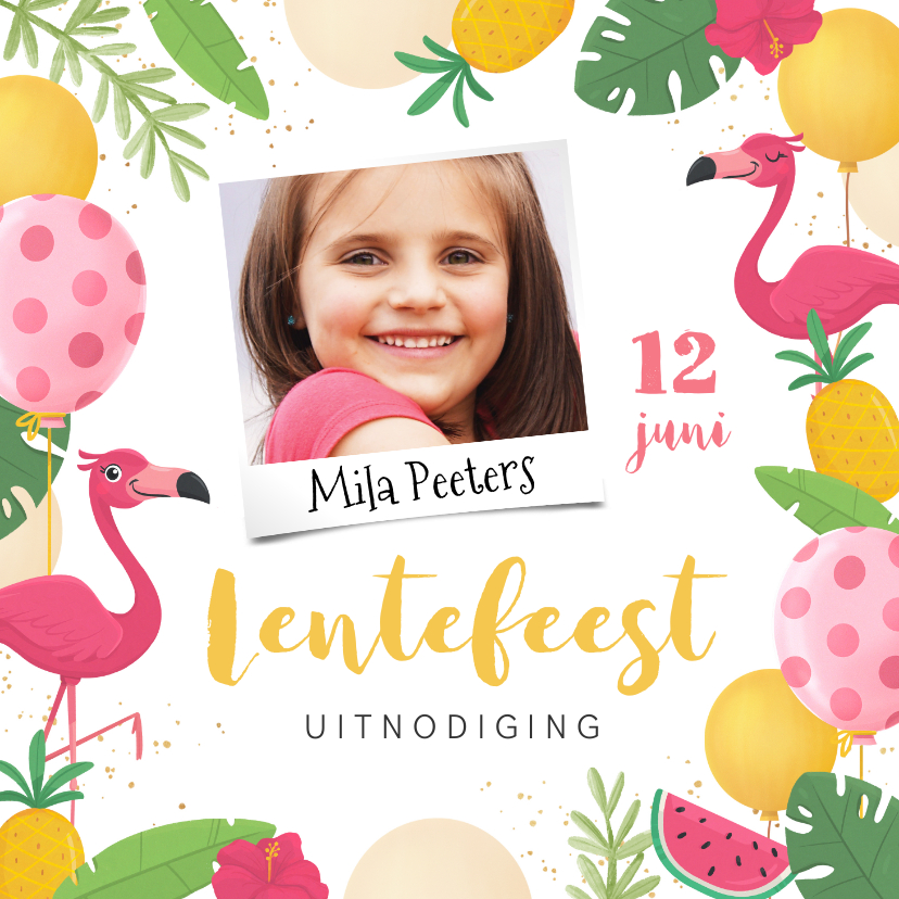 Communiekaarten - Lentefeest uitnodiging flamingo tropisch ananas foto