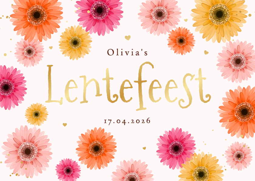 Communiekaarten - Lentefeest uitnodiging gerbera bloemen kleurrijk goud
