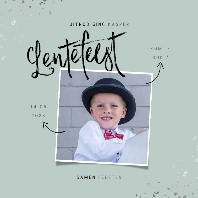 Lentefeest uitnodiging hip met foto en zilveren spetters - Communiekaarten Communiekaarten - Lentefeest uitnodiging hip met foto en zilveren spetters