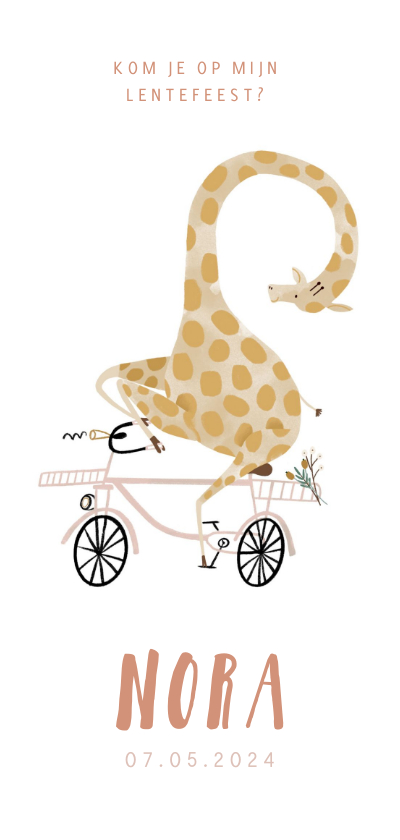 Communiekaarten - Lentefeest uitnodiging hip met giraf op roze fiets 