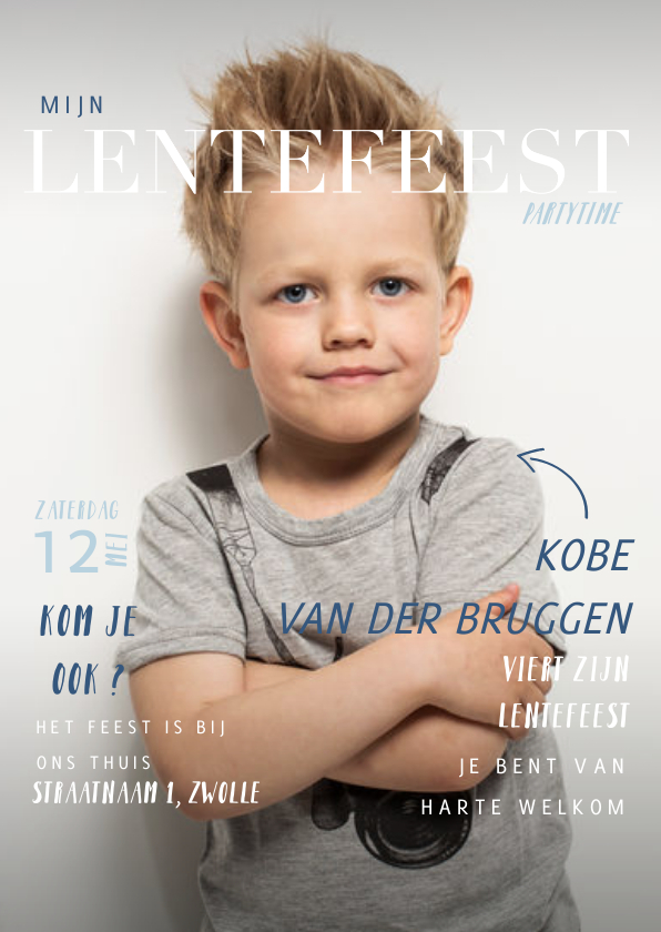 Communiekaarten - Lentefeest uitnodiging in magazine stijl met foto en teksten